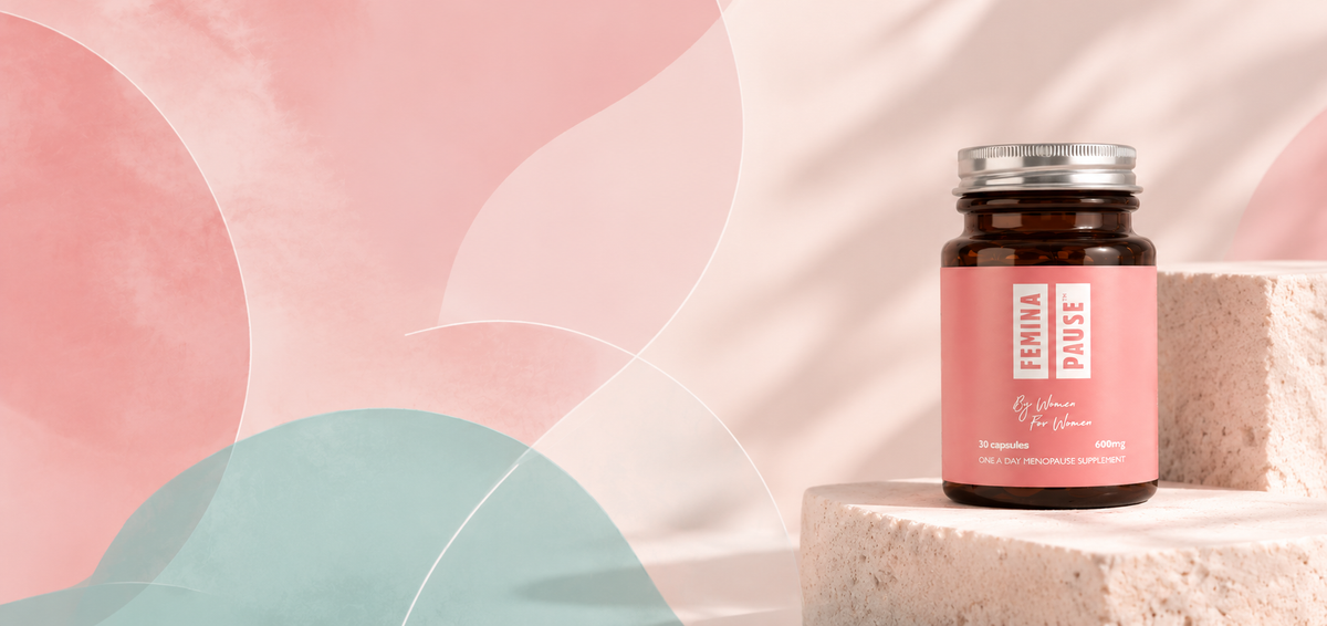 Two tubs of Feminapause Extra Strength CBD Gummies on soft blush plinths
